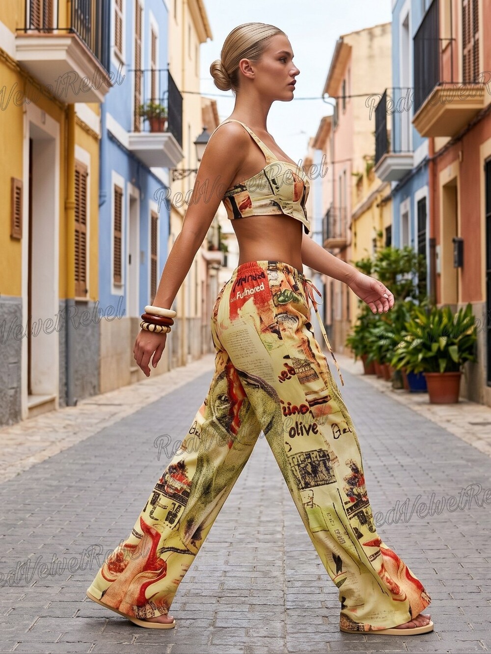 NWT Boho Tropical Linen Printed Tie Waist Wide Leg Summer Ibiza Trousers - Picture 2 of 7